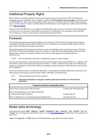 SIST EN 302 054-2 V1.2.1:2016 ETSI EN 302 054-2 V1.2.0 (2015-06) - Meteorological Aids (Met Aids); Radiosondes to be used in the 400,15 MHz to 406 MHz frequency range with power levels ranging up to 200 mW; Part 2: Harmonised Standard covering the essential requirements of article 3.2 of the Directive 2014/53/EU - Page 4 preview