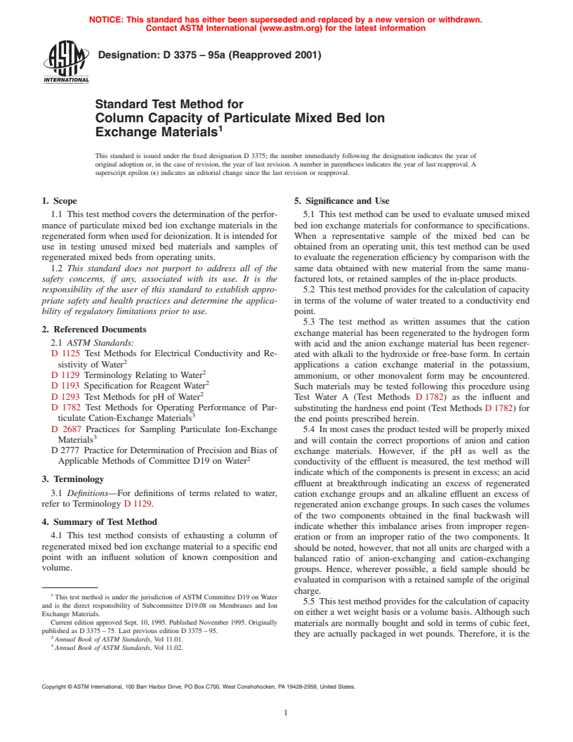 ASTM D3375-95a(2001) - Standard Test Method for Column Capacity of Particulate Mixed Bed Ion Exchange Materials