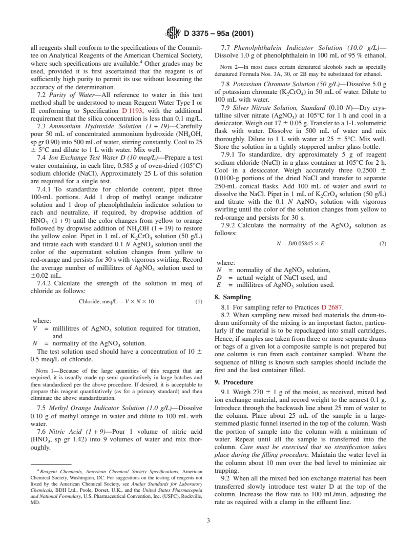 ASTM D3375-95a(2001) - Standard Test Method for Column Capacity of Particulate Mixed Bed Ion Exchange Materials