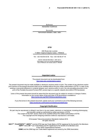 SIST EN 301 091-1 V2.1.1:2017 ETSI EN 301 091-1 V2.1.1 (2016-11) - Short Range Devices; Transport and Traffic Telematics (TTT); Radar equipment operating in the 76 GHz to 77 GHz range; Harmonised Standard covering the essential requirements of article 3.2 of Directive 2014/53/EU; Part 1: Ground based vehicular radar - Page 2 preview