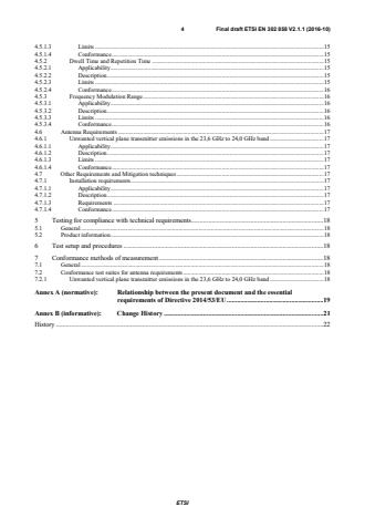 SIST EN 302 858 V2.1.1:2017 ETSI EN 302 858 V2.1.1 (2016-10) - Short Range Devices; Transport and Traffic Telematics (TTT); Radar equipment operating in the 24,05 GHz to 24,25 GHz or 24,05 GHz to 24,50 GHz range; Harmonised Standard covering the essential requirements of article 3.2 of the Directive 2014/53/EU - Page 4 preview