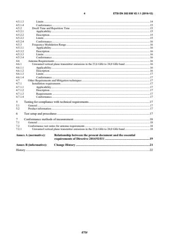 SIST EN 302 858 V2.1.1:2017 ETSI EN 302 858 V2.1.1 (2016-12) - Short Range Devices; Transport and Traffic Telematics (TTT); Radar equipment operating in the 24,05 GHz to 24,25 GHz or 24,05 GHz to 24,50 GHz range; Harmonised Standard covering the essential requirements of article 3.2 of the Directive 2014/53/EU - Page 4 preview