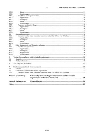 SIST EN 302 858 V2.1.1:2017 ETSI EN 302 858 V2.1.0 (2016-04) - Short Range Devices; Transport and Traffic Telematics (TTT); Radar equipment operating in the 24,05 GHz to 24,25 GHz or 24,05 GHz to 24,50 GHz range; Harmonised Standard covering the essential requirements of article 3.2 of the Directive 2014/53/EU - Page 4 preview