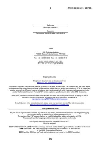 SIST EN 303 360 V1.1.1:2017 ETSI EN 303 360 V1.1.1 (2017-02) - Short Range Devices; Transport and Traffic Telematics (TTT); Radar equipment operating in the 76 GHz to 77 GHz range; Harmonised Standard covering the essential requirements of article 3.2 of Directive 2014/53/EU; Obstacle Detection Radars for Use on Manned Rotorcraft - Page 2 preview