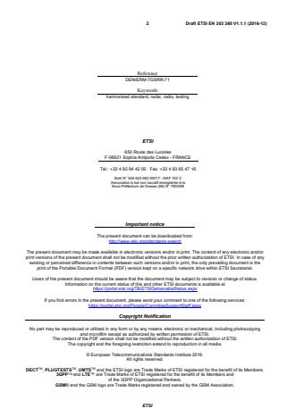 SIST EN 303 360 V1.1.1:2017 ETSI EN 303 360 V1.1.1 (2016-12) - Short Range Devices; Transport and Traffic Telematics (TTT); Radar equipment operating in the 76 GHz to 77 GHz range; Harmonised Standard covering the essential requirements of article 3.2 of Directive 2014/53/EU; Obstacle Detection Radars for Use on Manned Rotorcraft - Page 2 preview