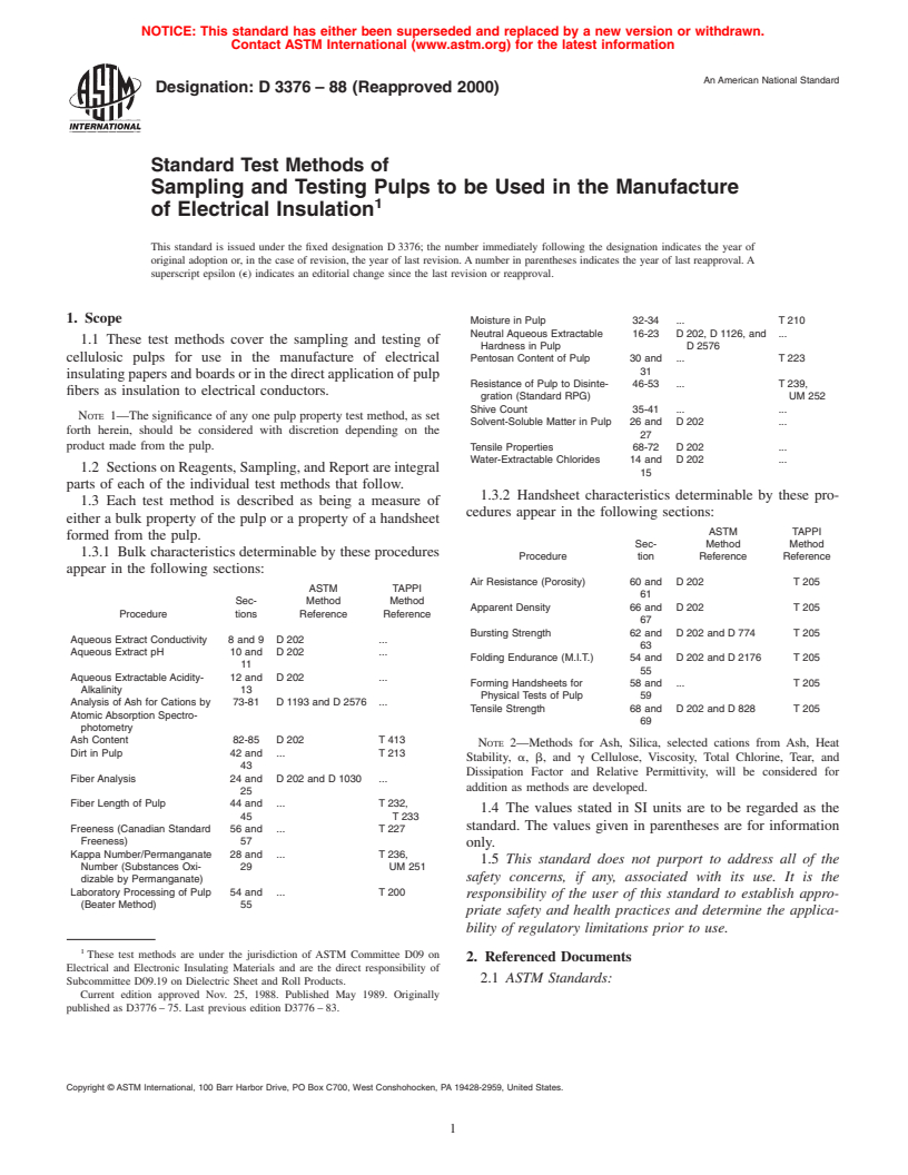 ASTM D3376-88(2000) - Standard Test Methods of Sampling and Testing Pulps to be Used in the Manufacture of Electrical Insulation