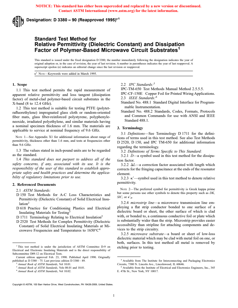 ASTM D3380-90(1995)e1 - Standard Test Method for Relative Permittivity (Dielectric Constant) and Dissipation Factor of Polymer-Based Microwave Circuit Substrates