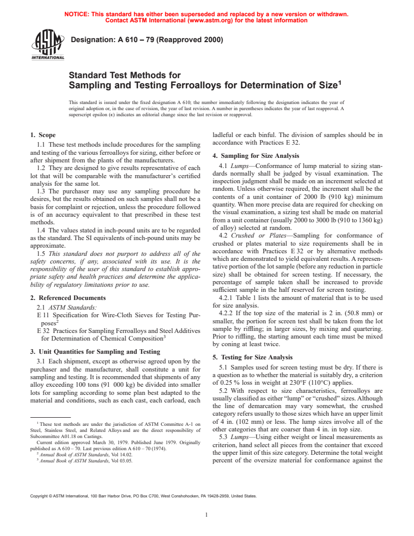 ASTM A610-79(2000) - Standard Test Methods for Sampling and Testing Ferroalloys for Determination of Size