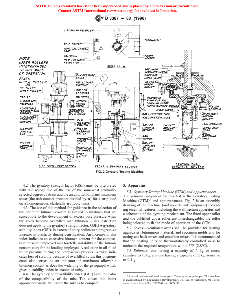 ASTM D3387-83(1996) - Standard Test Method for Compaction and Shear Properties of Bituminous Mixtures by Means of the U.S. Corps of Engineers Gyratory Testing Machine (GTM)