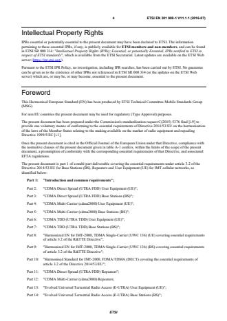 SIST EN 301 908-1 V11.1.1:2016 ETSI EN 301 908-1 V11.1.1 (2016-07) - IMT cellular networks; Harmonised Standard covering the essential requirements of article 3.2 of the Directive 2014/53/EU; Part 1: Introduction and common requirements - Page 4 preview