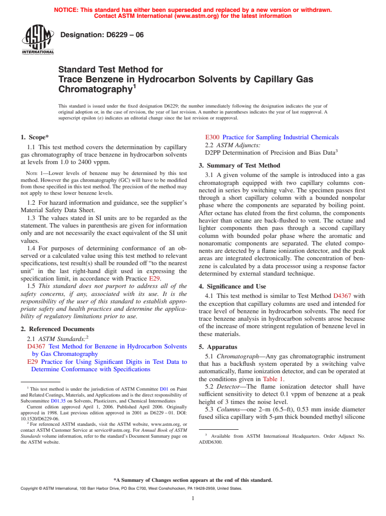 ASTM D6229-06 - Standard Test Method for Trace Benzene in Hydrocarbon Solvents by Capillary Gas Chromatography