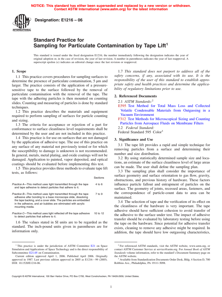 ASTM E1216-06 - Standard Practice for Sampling for Particulate Contamination by Tape Lift