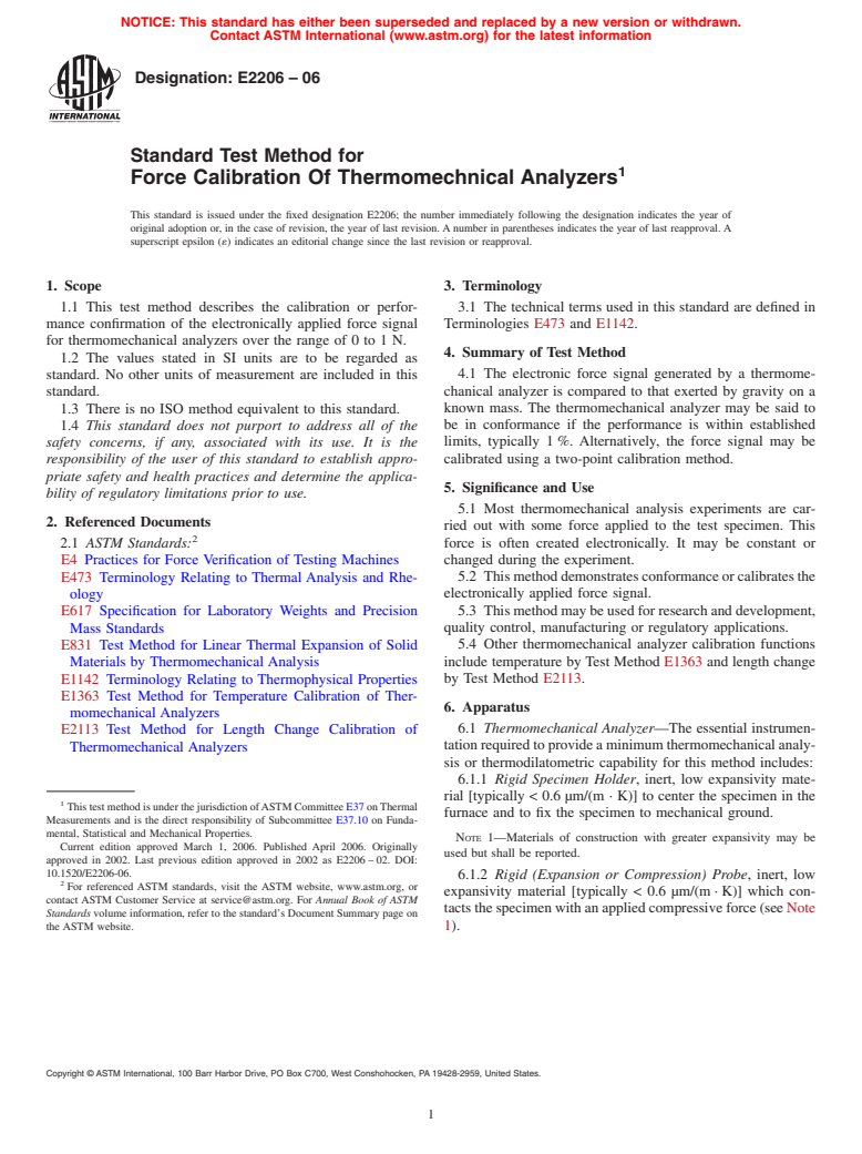 ASTM E2206-06 - Standard Test Method for Force Calibration Of Thermomechnical Analyzers