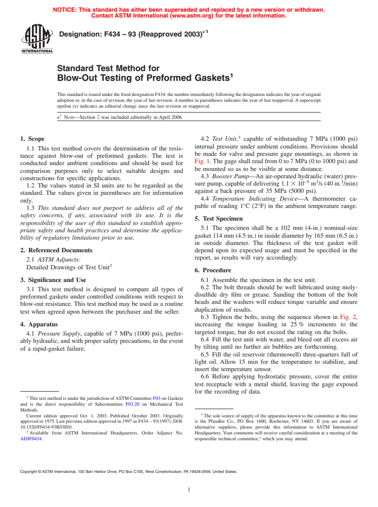 ASTM F434-93(2003)e1 - Standard Test Method for Blow-Out Testing of Preformed Gaskets