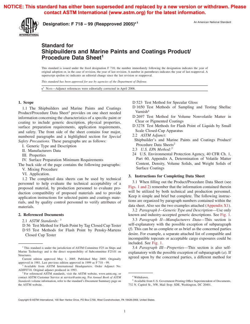 ASTM F718-99(2005)e1 - Standard for Shipbuilders and Marine Paints and Coatings Product/Procedure Data Sheet