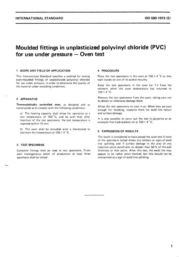 ISO 580:1973 - Moulded fittings in unplasticized polyvinyl chloride (PVC) for use under pressure -- Oven test