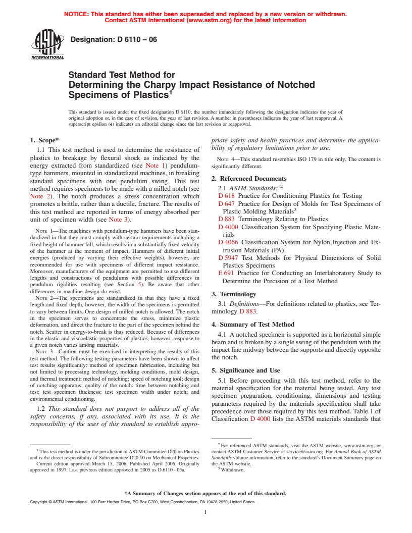 ASTM D6110-06 - Standard Test Method for Determining the Charpy Impact Resistance of Notched Specimens of Plastics