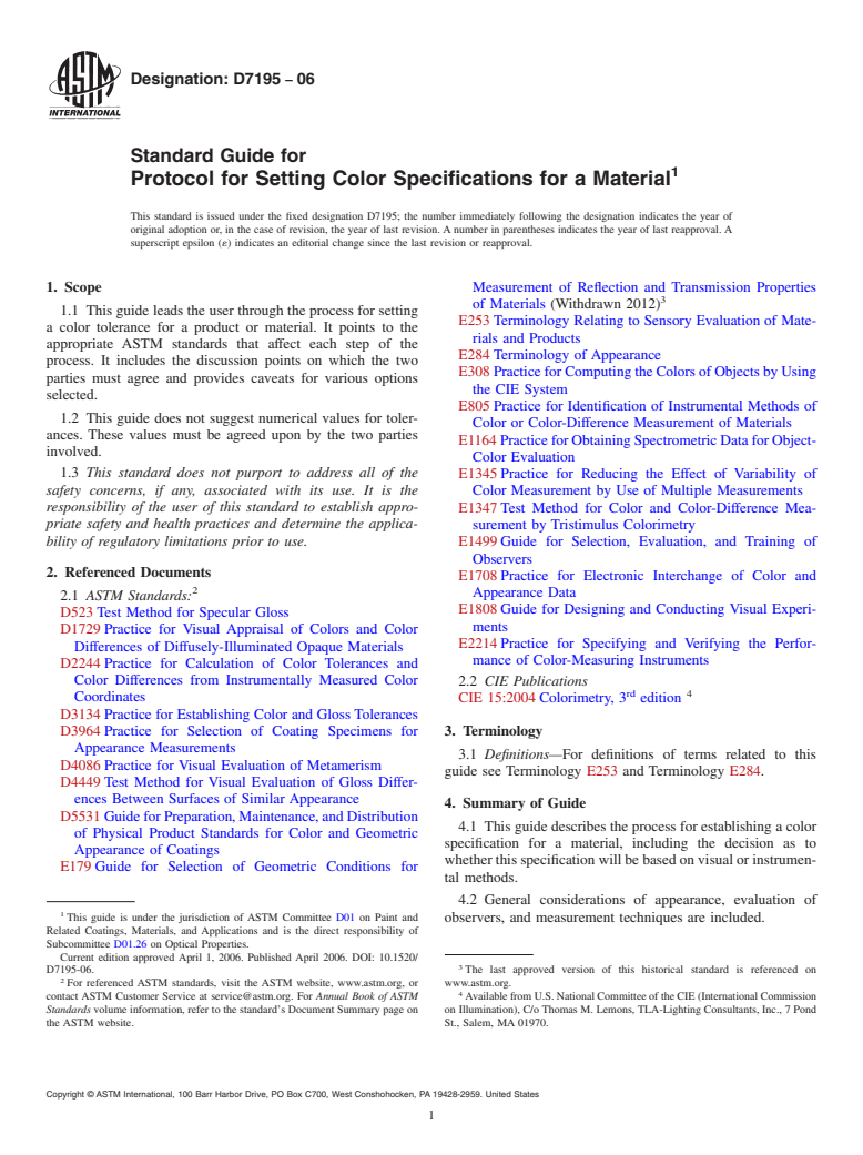 ASTM D7195-06 - Standard Guide for Protocol for Setting Color Specifications for a Material