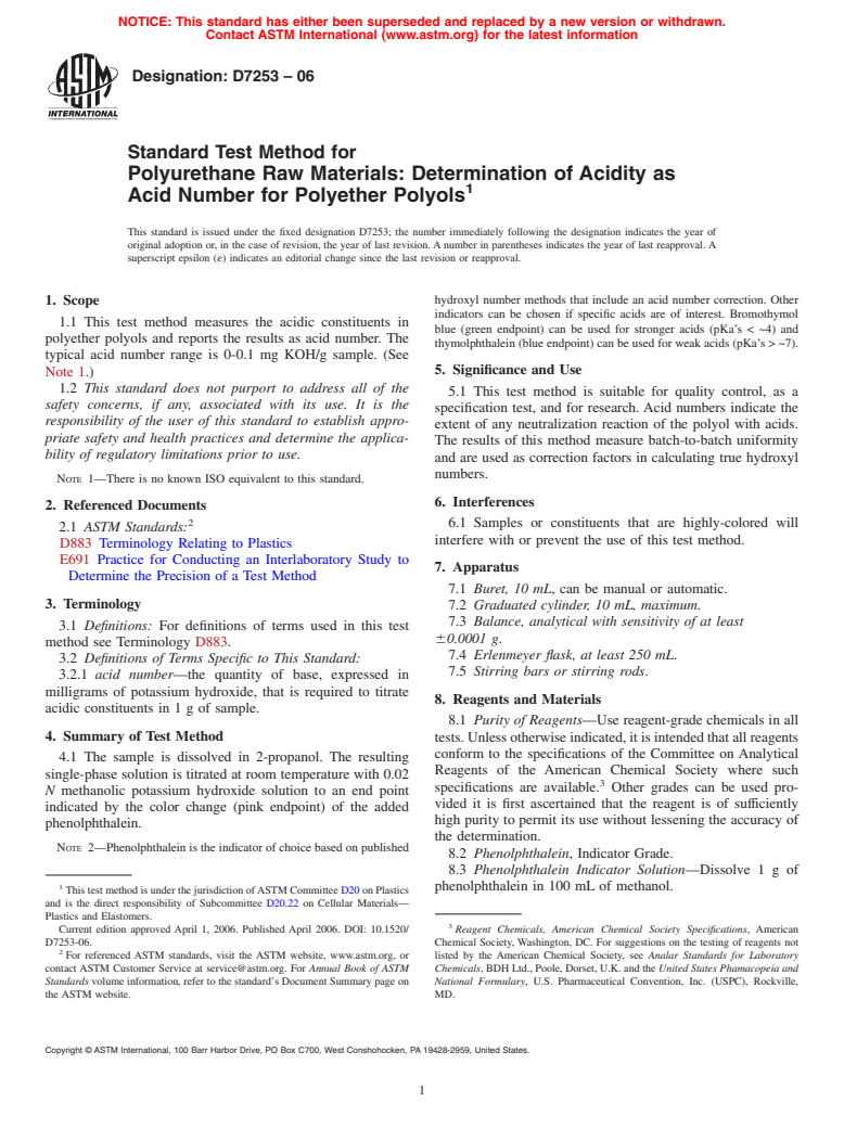 ASTM D7253-06 - Standard Test Method for Polyurethane Raw Materials: Determination of Acidity as Acid Number for Polyether Polyols