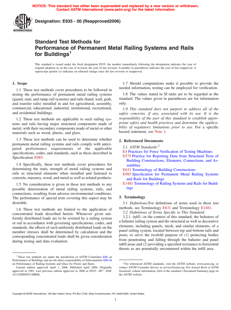 ASTM E935-00(2006) - Standard Test Methods for Performance of Permanent Metal Railing Systems and Rails for Buildings