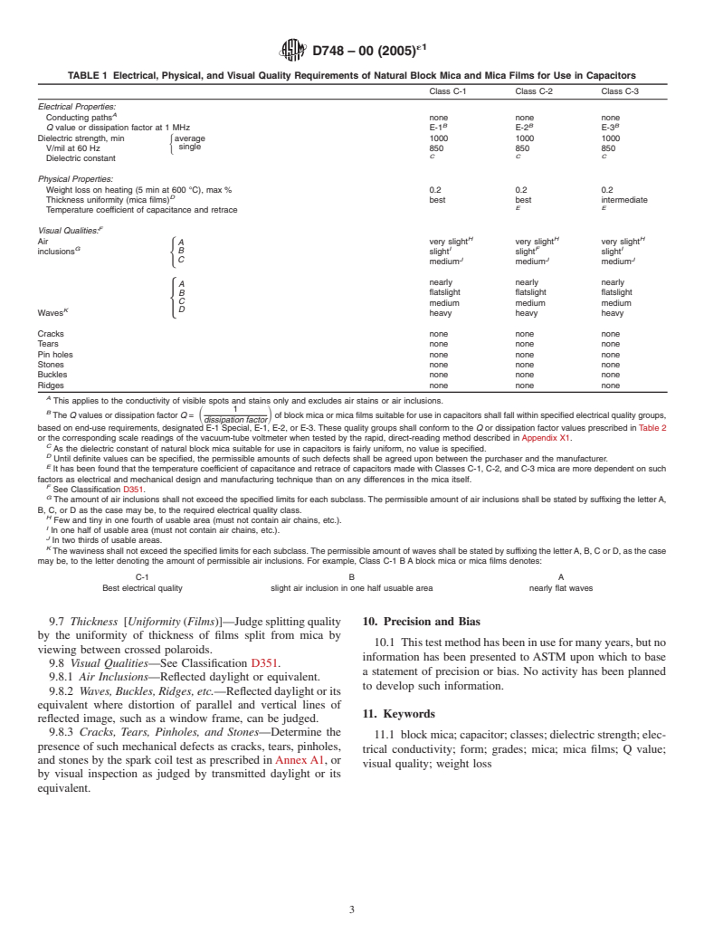 ASTM D748-00(2005)e1 - Standard Specification for Natural Block Mica and Mica Films Suitable for Use in Fixed Mica-Dielectric Capacitors