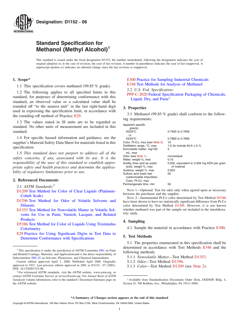 ASTM D1152-06 - Standard Specification for Methanol (Methyl Alcohol)