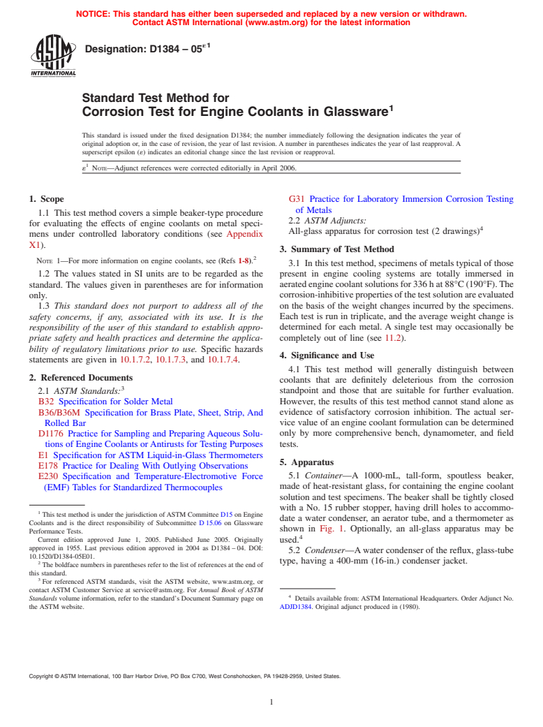 ASTM D1384-05e1 - Standard Test Method for Corrosion Test for Engine Coolants in Glassware