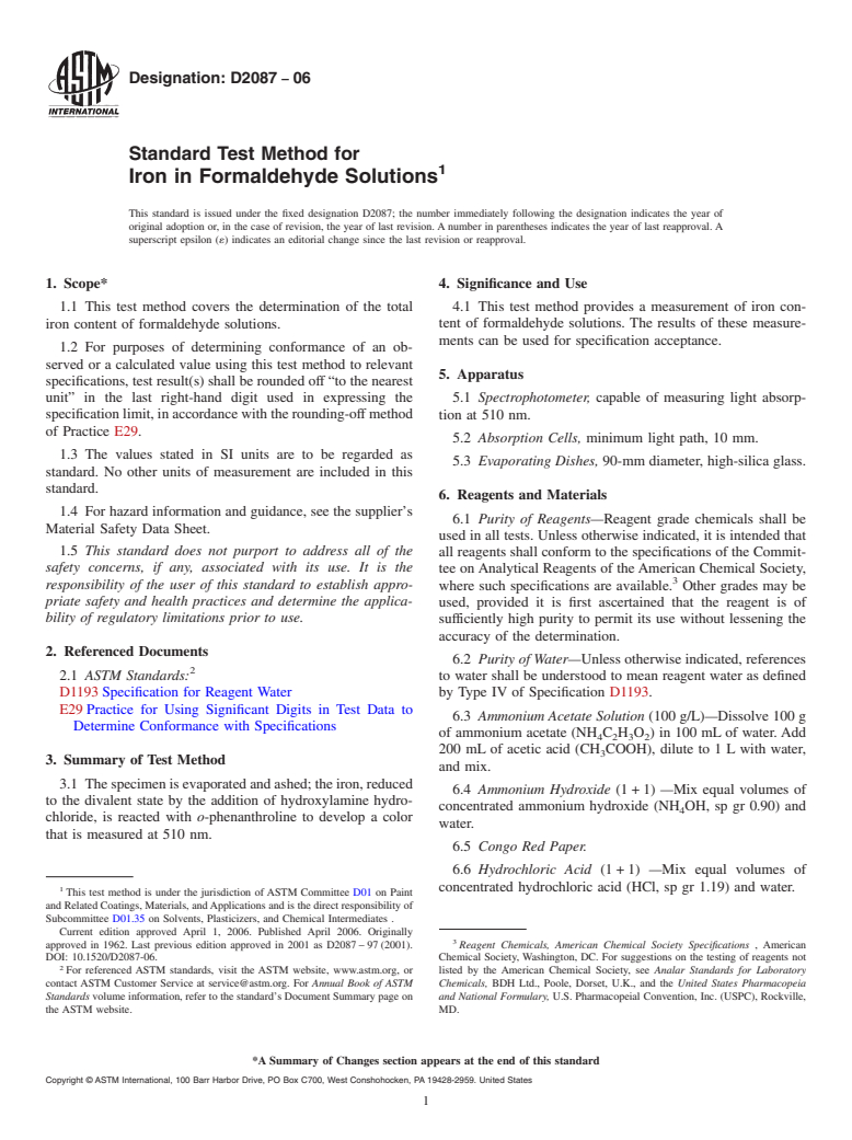 ASTM D2087-06 - Standard Test Method for Iron in Formaldehyde Solutions