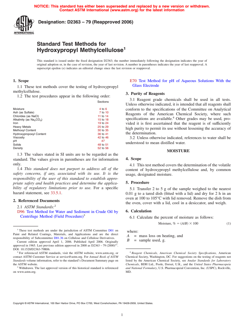 ASTM D2363-79(2006) - Standard Test Methods for Hydroxypropyl Methylcellulose