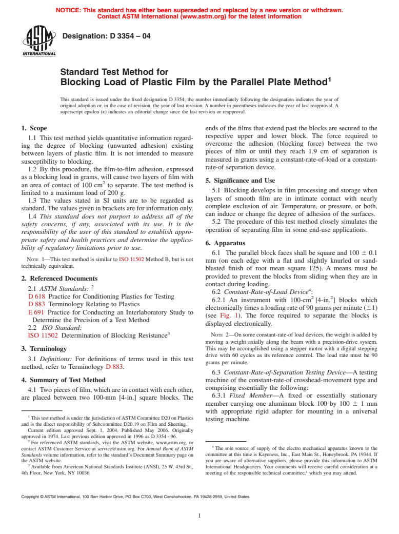 ASTM D3354-04 - Standard Test Method for Blocking Load of Plastic Film by the Parallel Plate Method