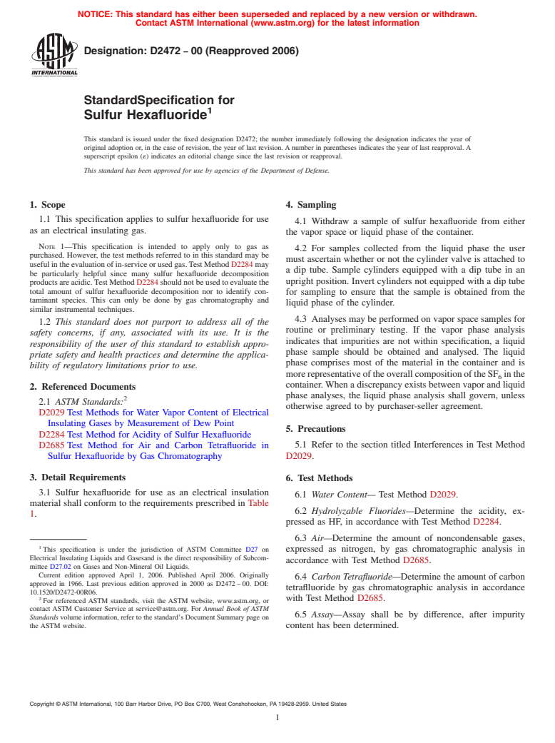 ASTM D2472-00(2006) - Standard Specification for Sulfur Hexafluoride