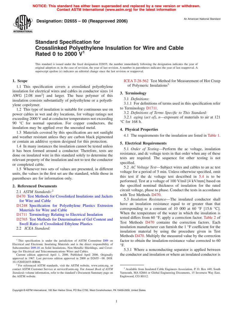 ASTM D2655-00(2006) - Standard Specification for Crosslinked Polyethylene Insulation for Wire and Cable Rated 0 to 2000 V