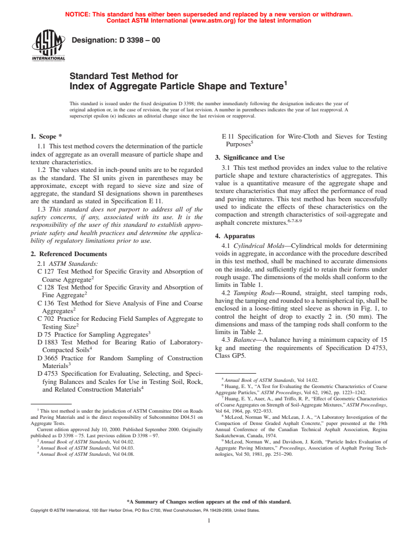 ASTM D3398-00 - Standard Test Method for Index of Aggregate Particle Shape and Texture