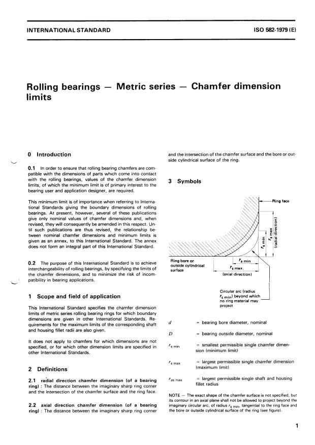 ISO 582:1979 - Rolling bearings -- Metric series -- Chamfer dimension limits