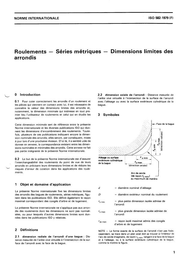 ISO 582:1979 - Roulements -- Séries métriques -- Dimensions limites des arrondis