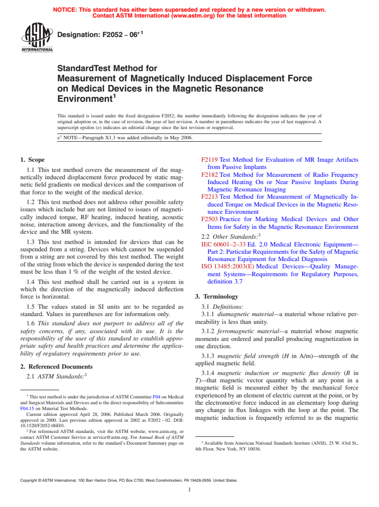 ASTM F2052-06e1 - Standard Test Method for Measurement of Magnetically Induced Displacement Force on Medical Devices in the Magnetic Resonance Environment