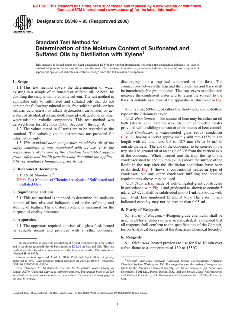 ASTM D5348-95(2006) - Standard Test Method for Determination of the Moisture Content of Sulfonated and Sulfated Oils by Distillation with Xylene