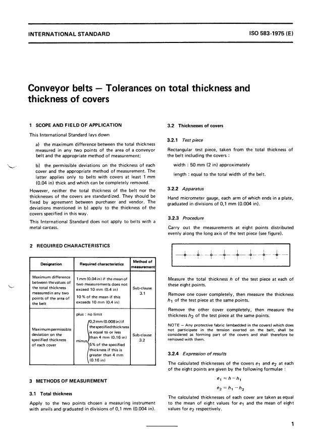 ISO 583:1975 - Conveyor belts -- Tolerances on total thickness and thickness of covers