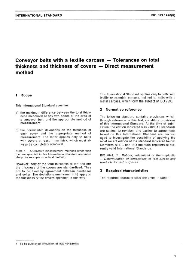 ISO 583:1990 - Conveyor belts with a textile carcass -- Tolerances on total thickness and thickness of covers -- Direct measurement method