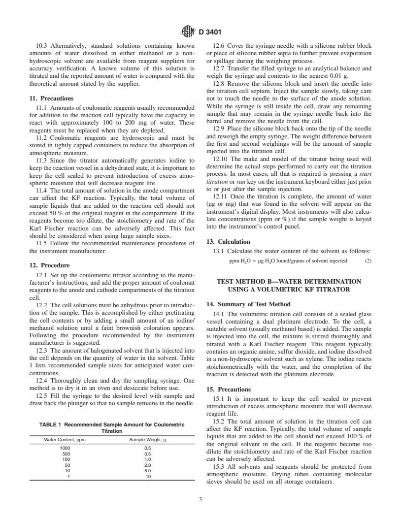 ASTM D3401-97(2001) - Standard Test Methods for Water in Halogenated Organic Solvents and Their Admixtures
