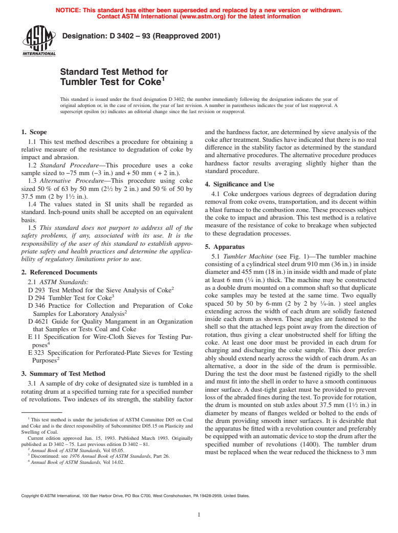 ASTM D3402-93(2001) - Standard Test Method for Tumbler Test for Coke