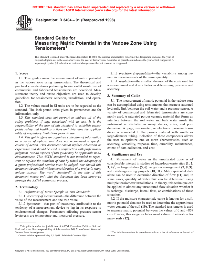 ASTM D3404-91(1998) - Standard Guide for Measuring Matric Potential in the Vadose Zone Using Tensiometers