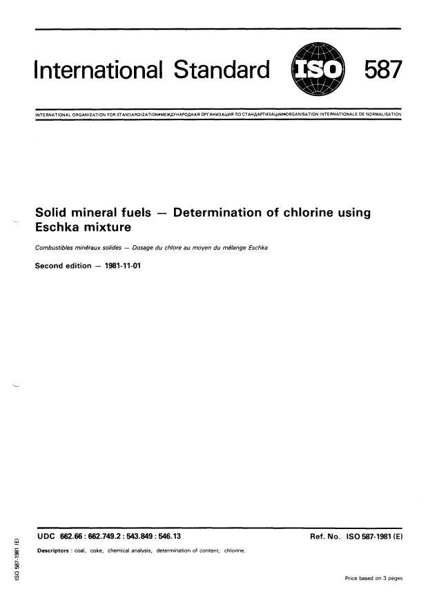 ISO 587:1981 - Solid mineral fuels -- Determination of chlorine using Eschka mixture