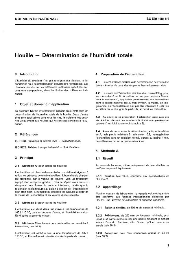 ISO 589:1981 - Houille -- Détermination de l'humidité totale