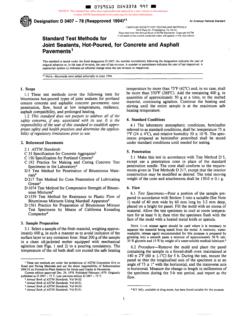 ASTM D3407-78(1994)e1 - Standard Test Methods for Joint Sealants, Hot-Poured, for Concrete and Asphalt Pavements (Withdrawn 1996)