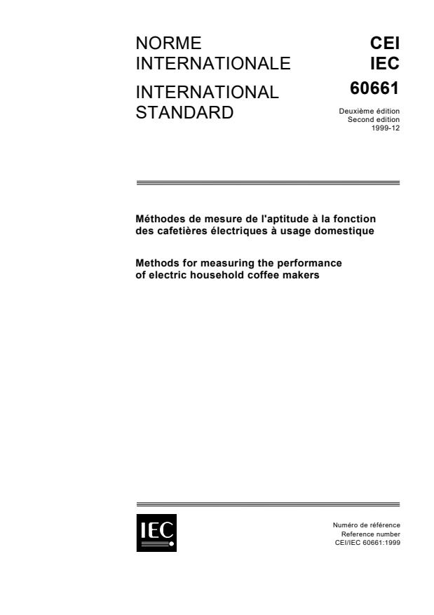 IEC 60661:1999 - Methods for measuring the performance of electric household coffee makers