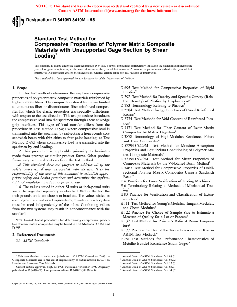 ASTM D3410/D3410M-95 - Standard Test Method for Compressive Properties of Polymer Matrix Composite Materials with Unsupported Gage Section by Shear Loading