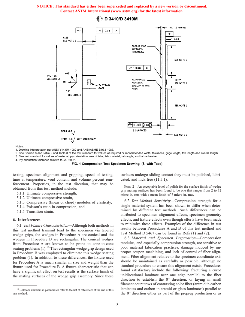 ASTM D3410/D3410M-95 - Standard Test Method for Compressive Properties of Polymer Matrix Composite Materials with Unsupported Gage Section by Shear Loading