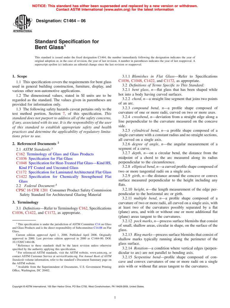 ASTM C1464-06 - Standard Specification for Bent Glass