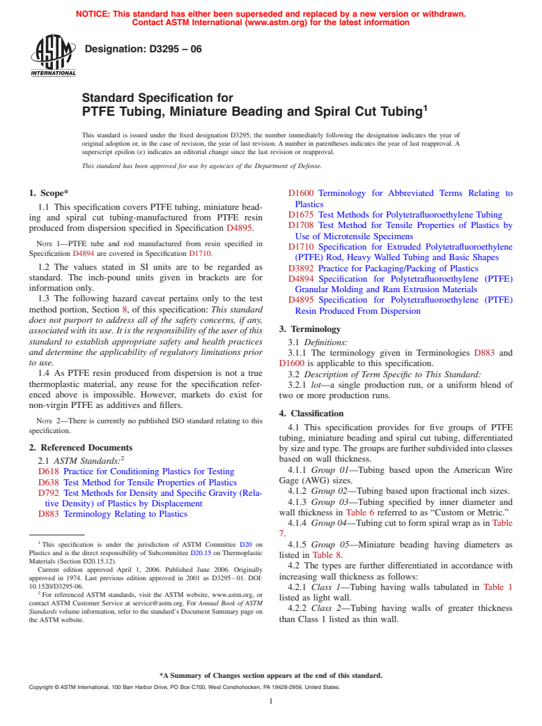 ASTM D3295-06 - Standard Specification for PTFE Tubing, Miniature Beading and Spiral Cut Tubing